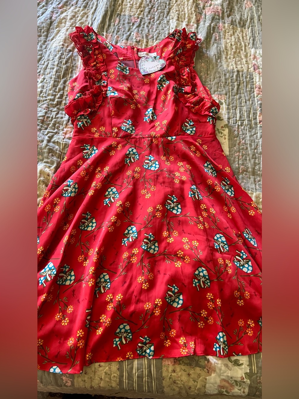 BIG SALE(4 for $40)- kitson Red Floral & Bird Ruffle-Trim Dress
